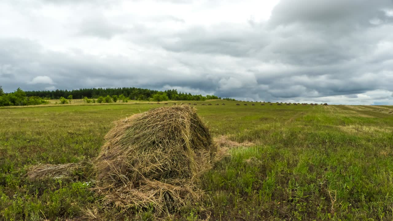 pajar en el campo de las nubes en el cielo, los agricultores limpiando la cosecha de heno