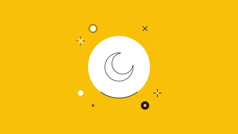 crescent icon in white circle with black dynamic line on a yellow background. seamless loop dynamic symbol rolling in the center