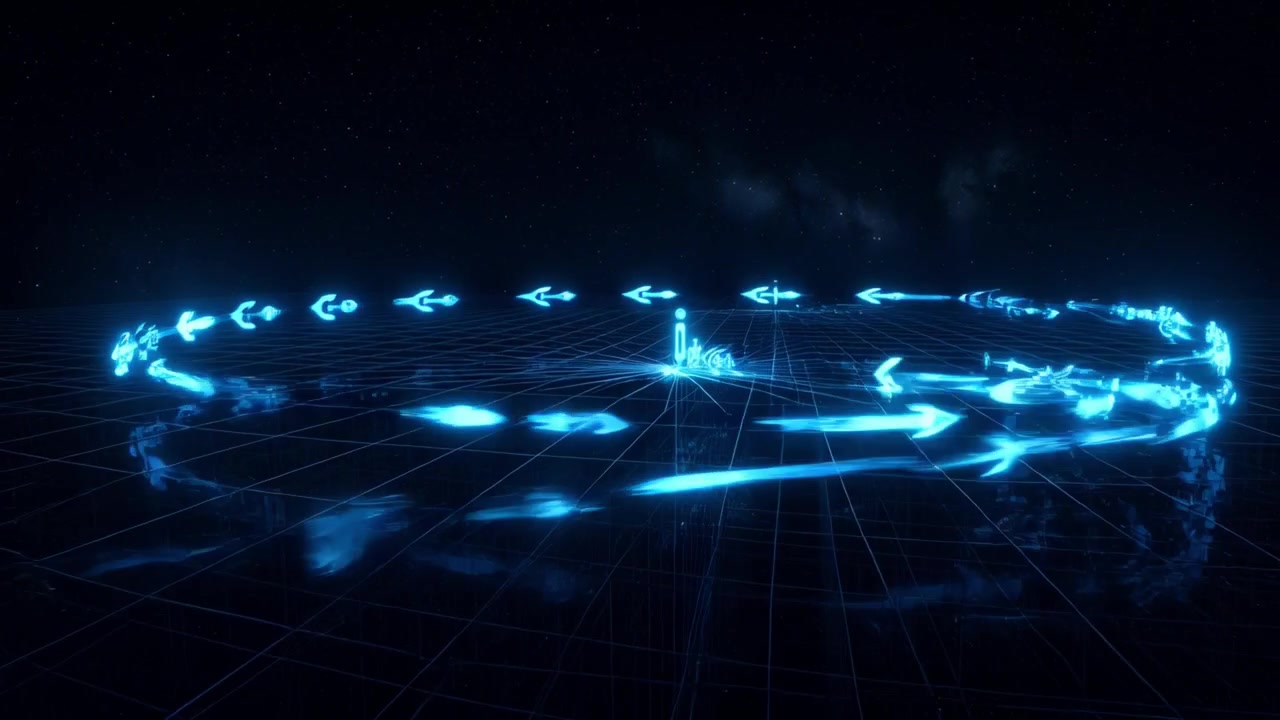 Blue Glowing Arrows Form a Circular Pattern on a Digital Grid
