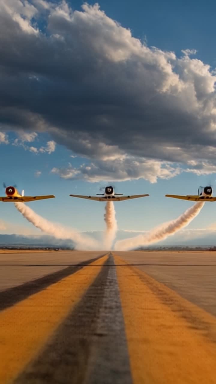 Tres aviones antiguos realizando una espectacular acrobacia aérea con estelas de humo contra un hermoso cielo al atardecer sobre una pista de aterrizaje.