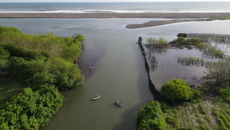 Vista-Aérea,-Se-Puede-Ver-A-Una-Persona-Remando-En-Una-Canoa-En-La-Desembocadura-Del-Río.