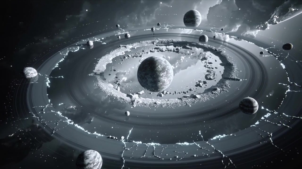 Starting camera rotating, moving closer in space, revealing central planet and cracked rings