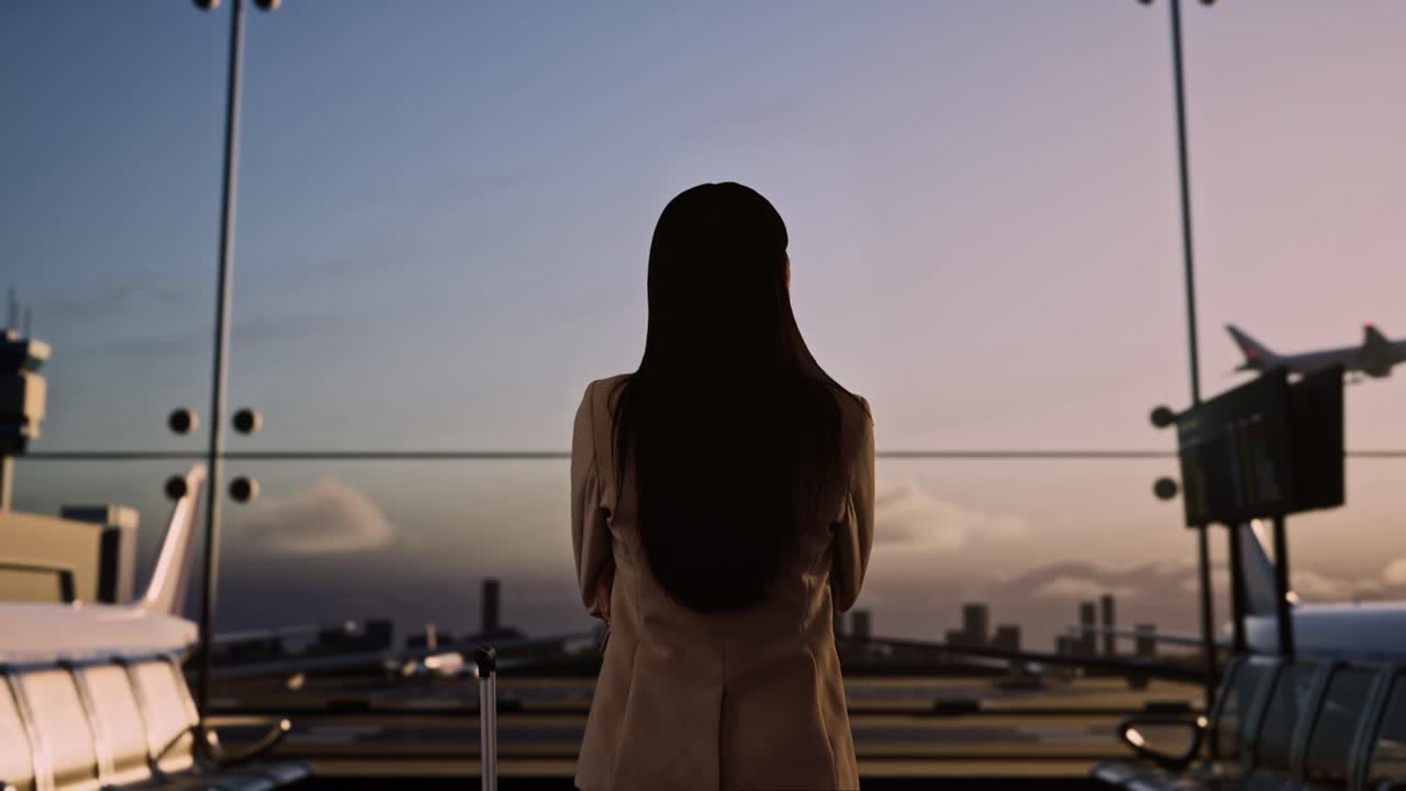 vista trasera de una mujer de negocios asiática con una maleta rodante en la sala de embarque del aeropuerto, cruzando los brazos y mirando a su alrededor mientras espera el vuelo, el avión despega fuera de la ventana