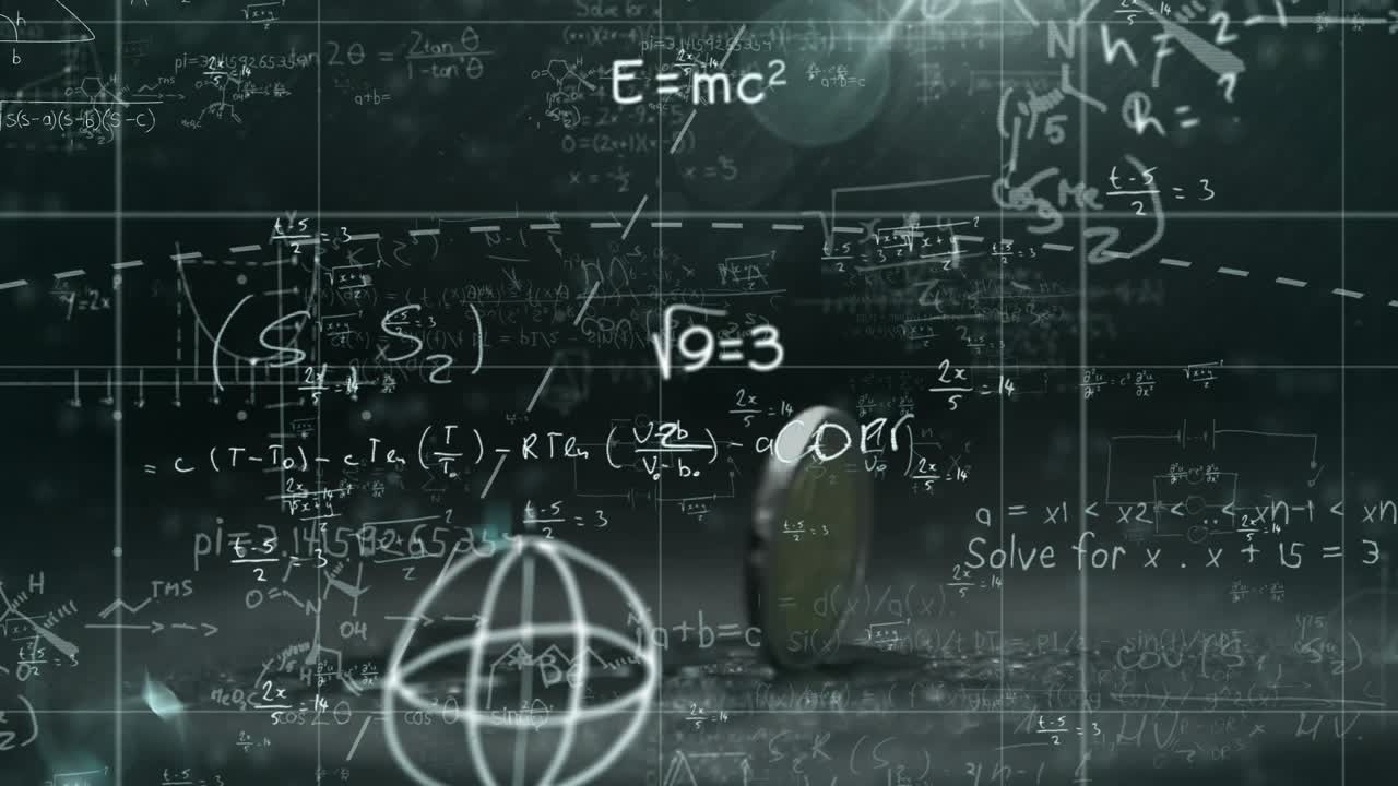Coin entering frame and spinning on tabletop while grid and math formulas emerging showing science