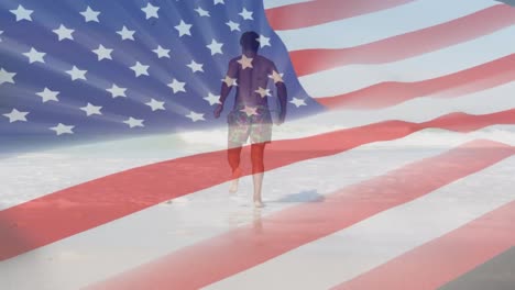 Animation-Der-Amerikanischen-Flagge-über-Einem-Afroamerikanischen-Mann-Mit-Surfbrett-Am-Strand