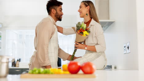 Couple-love,-flowers-and-happy-cooking-together