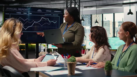 Vertical Video Executive manager presenting financial situation on a TV monitor