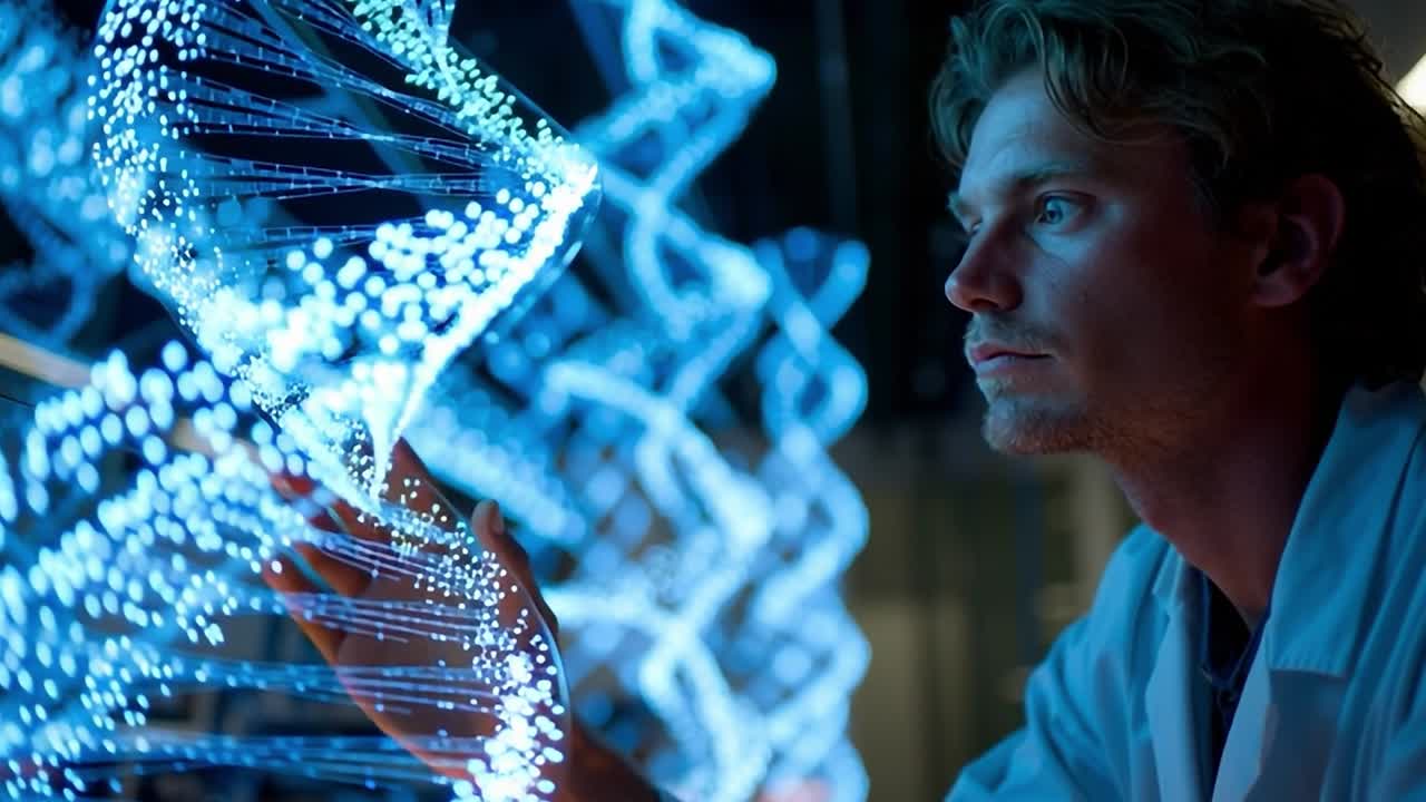 Scienziato che esamina filamenti di DNA luminosi in un ambiente di laboratorio