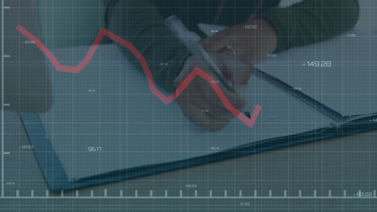 Woman writing on clipboard at desk, displaying financial chart overlay with red line graph