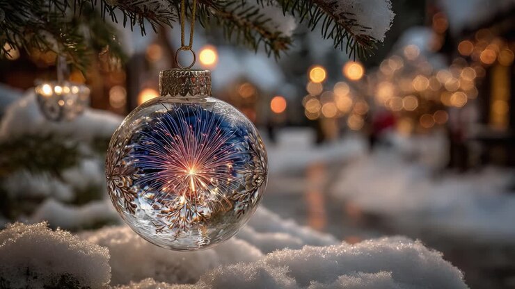 A Glimmering Christmas Ornament Captured in a Snowy Winter Wonderland, Showcasing the Sparkling Lights and Magical Atmosphere of the Holiday Season