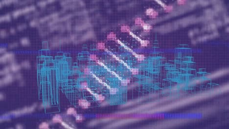 animación de interferencia sobre cadena de adn y ciudad digital con procesamiento de datos