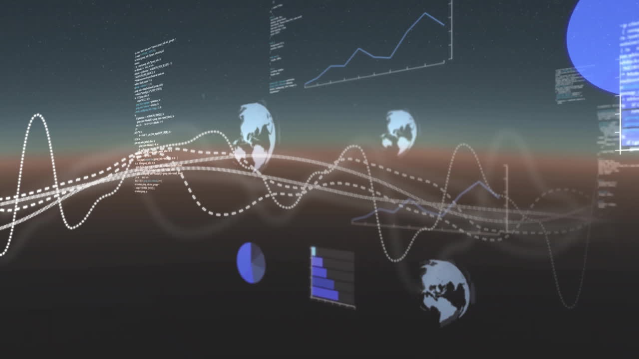 Animation of data processing with globes and lines on black background