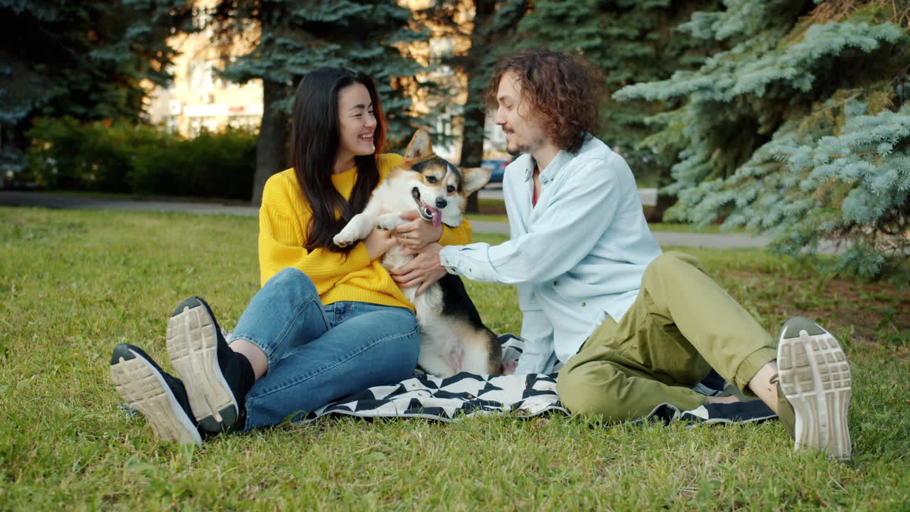 Couple kissing a Corgi in a park