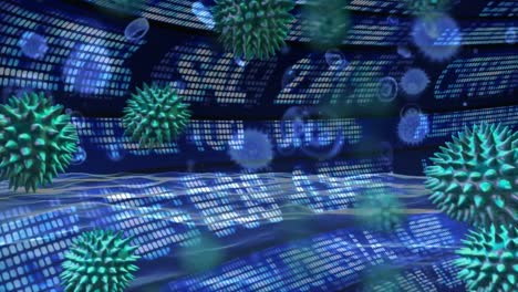 animation of a macro coronavirus covid-19 cells spreading over scrolling financial stock market info