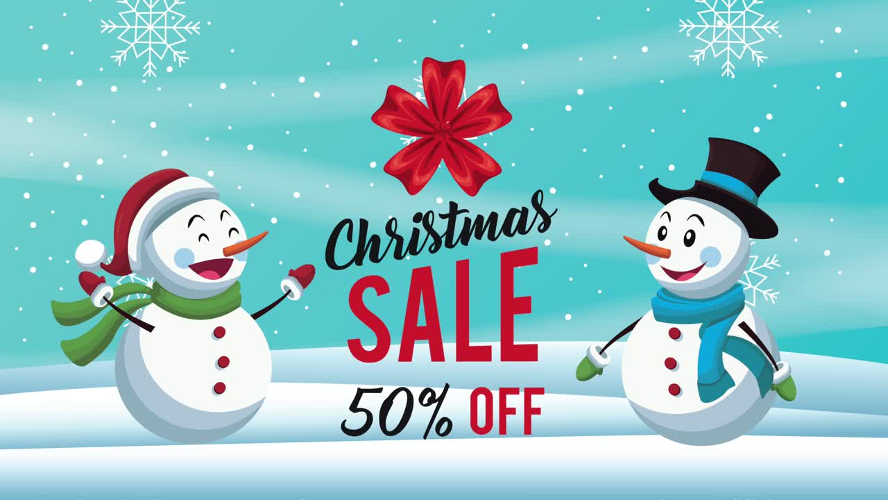 feliz venta de navidad con letras con personajes de muñecos de nieve