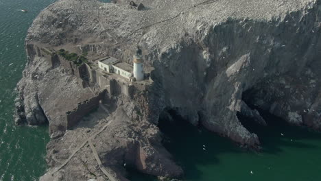 An-aerial-view-circling-Bass-Rock-and-lighthouse-as-gannet-seabirds-circle-their-island-colony-on-a-sunny-day,-East-Lothian,-Scotland