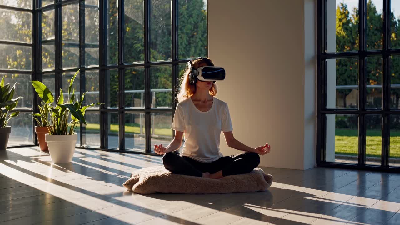 A woman in VR headset meditates on a mat in a sunlit room