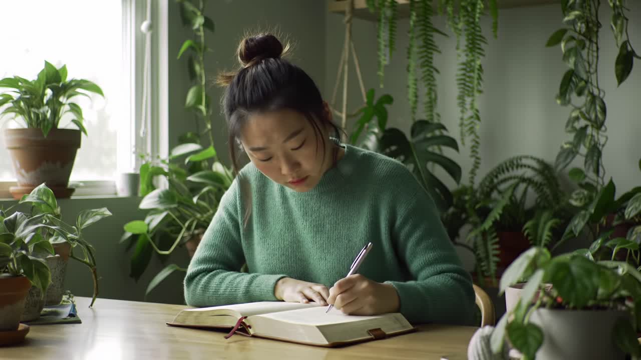 A Young Woman Dedicating Time to Writing in a Cozy, Plant-Filled Space, Embracing Creativity and Nature in a Serene Environment