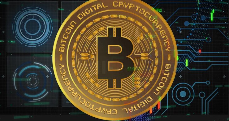 Moneta Bitcoin dorata che ruota su uno sfondo di dati finanziari digitali
