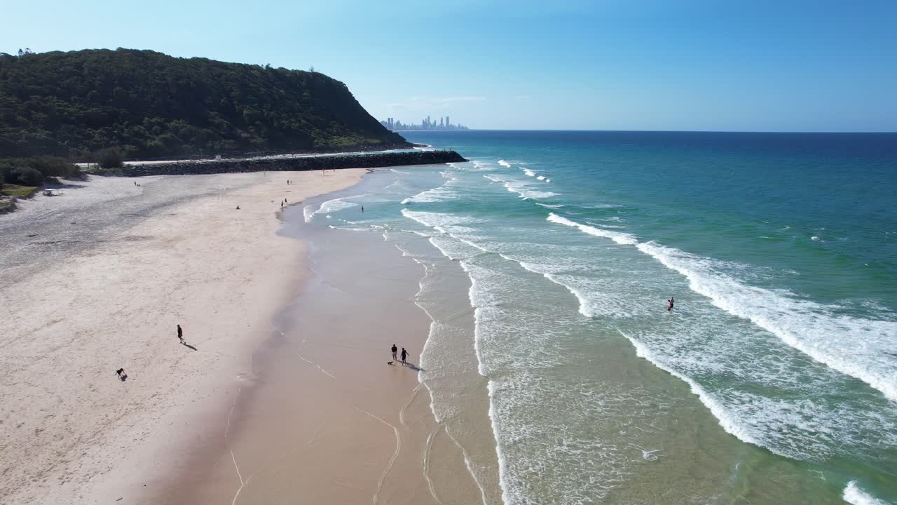 Tallebudgera Beach With Tourists In Queensland, Australia - Drone Shot