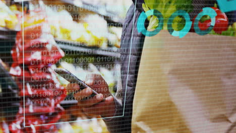 animación del procesamiento de datos estadísticos sobre un cliente masculino caucásico en una tienda de alimentos