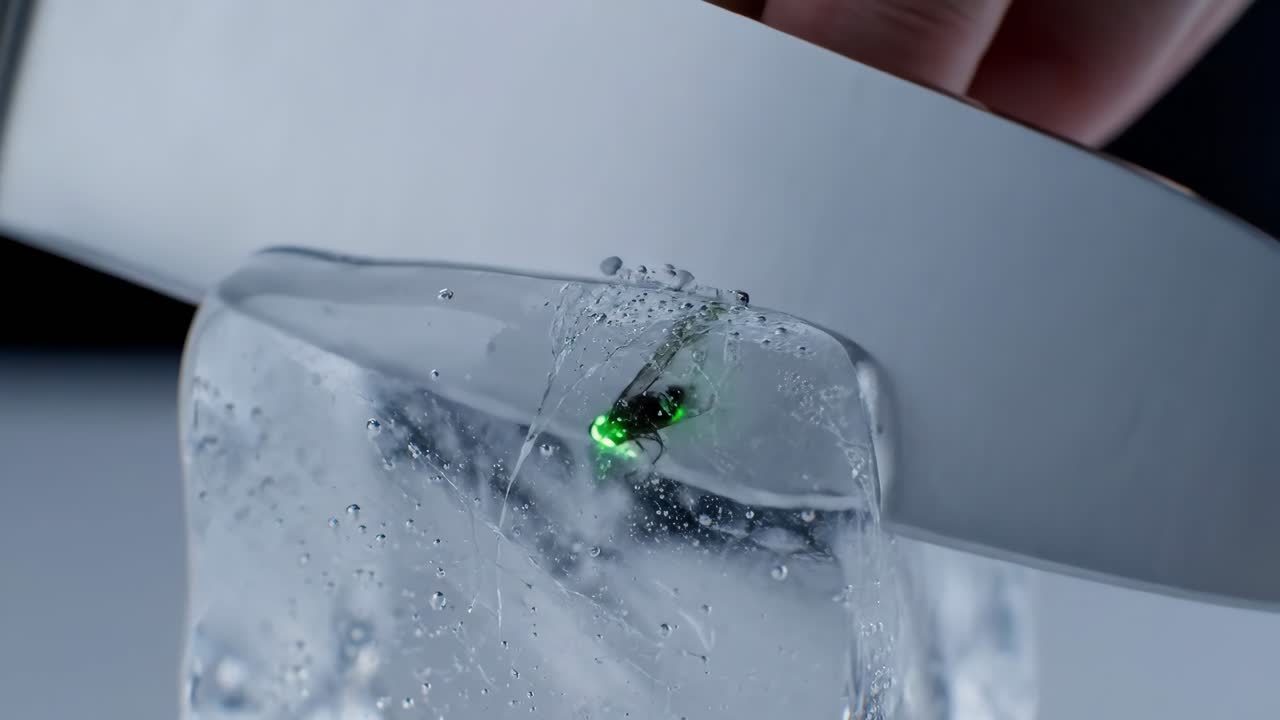Fly trapped in ice cut with knife