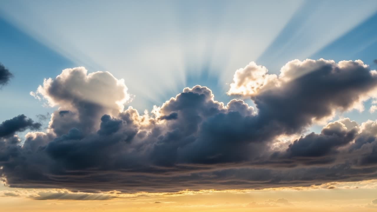 A Stunning Display of Natural Light and Cloud Formation in the Sky, Beautiful Rays of Sunlight Emanating from Behind Dark Clouds at Dusk, Capturing the Essence of Tranquility and Wonder
