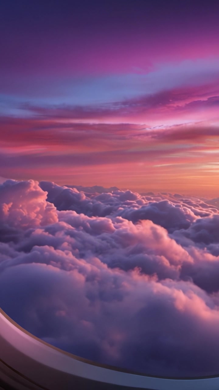Una vista mozzafiato di nuvole rosa e viola vibranti al tramonto, come si vede attraverso il finestrino di un aereo, evidenziando la bellezza della natura dall'alto del cielo.
