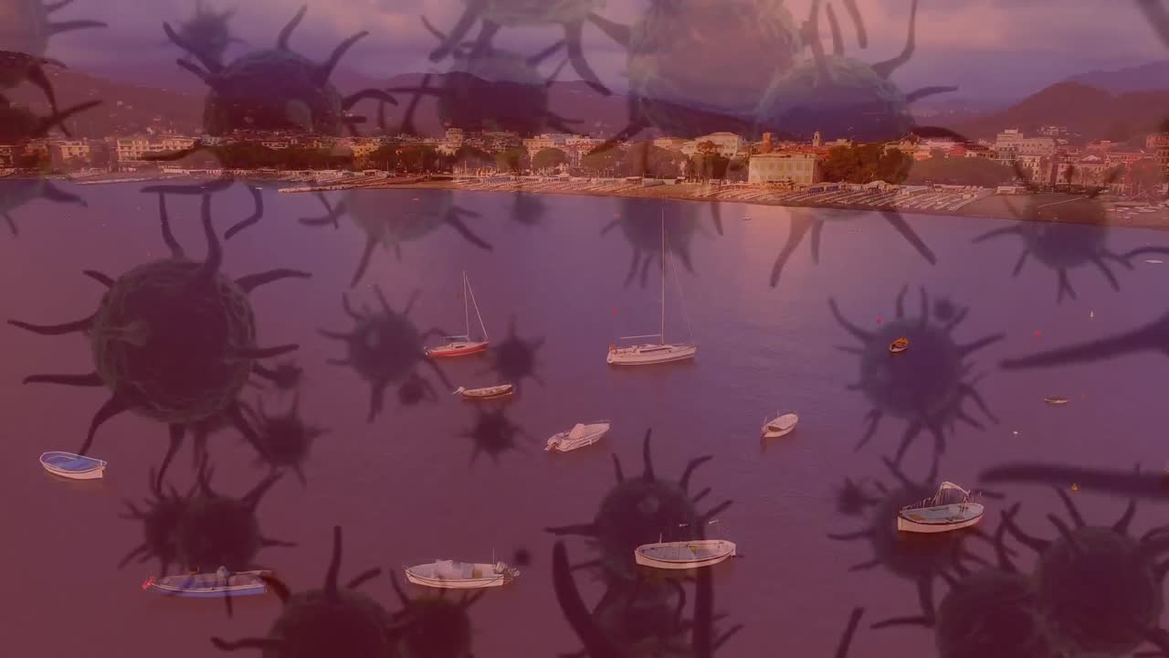 맥로 코로나 바이러스가 도시 풍경을 배경으로 퍼지고 있습니다.