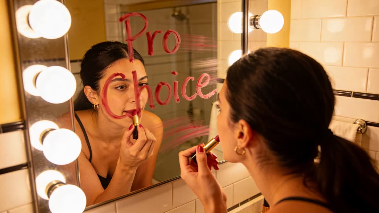 Applying woman in top, hoops aligning red lipstick prompted by Pro choice circle on bathroom vanity