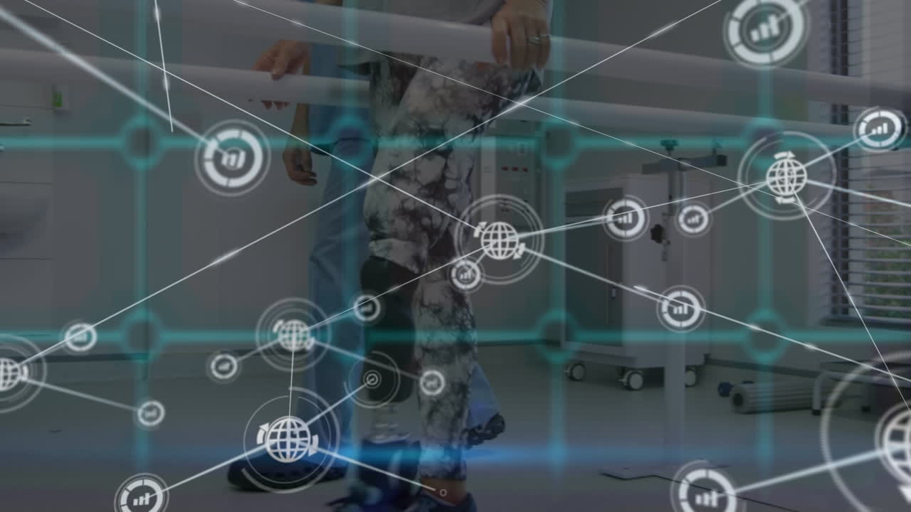 디지털 아이콘의 네트워크에서 남성 의사와 함께 걸어가는 인공 다리를 가진 백인 여성 환자