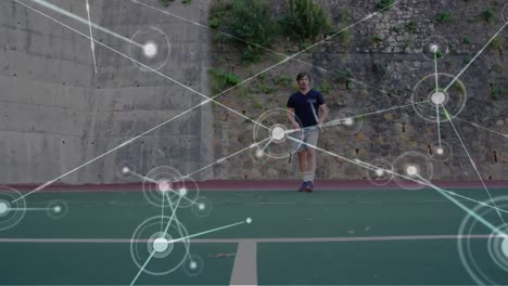 Animation-Des-Netzwerks-Von-Verbindungen-über-Einen-Männlichen-Tennisspieler-Auf-Dem-Tennisplatz