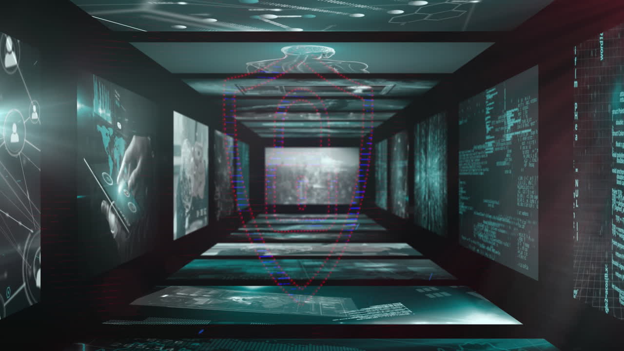 Animation of online security padlock over data processing on screens