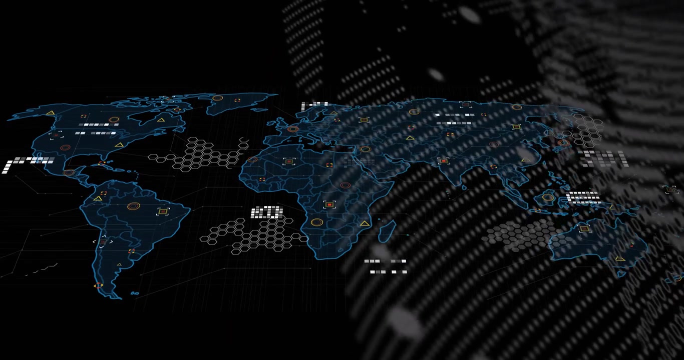 Bits scrolling from right initiating neon-blue map gaining hexes, pulsing links for monitoring