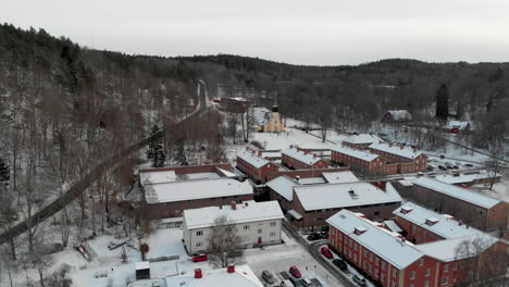 aerial wide shot of apartment buildings in neighborhood of sweden during winter