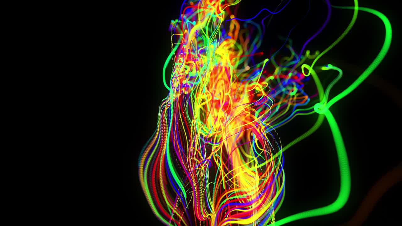 el flujo de fondo abstracto de las líneas de brillo. las partículas de luces en funcionamiento se forman en el espacio 3d brillando hermosas líneas curvas como una bola de cables quemándose con luz de neón. hermoso fondo creativo en bucle en 4k.