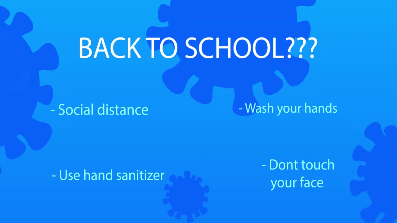 학교로 돌아가세요? 코로나바이러스 세포가 움직이는 애니메이션과 거리를 두는 텍스트