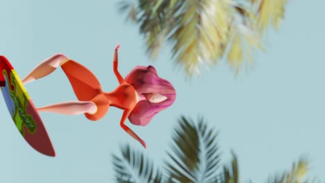 Red-haired-woman-on-surfboard-by-palm-trees,-vertical-motion-graphics