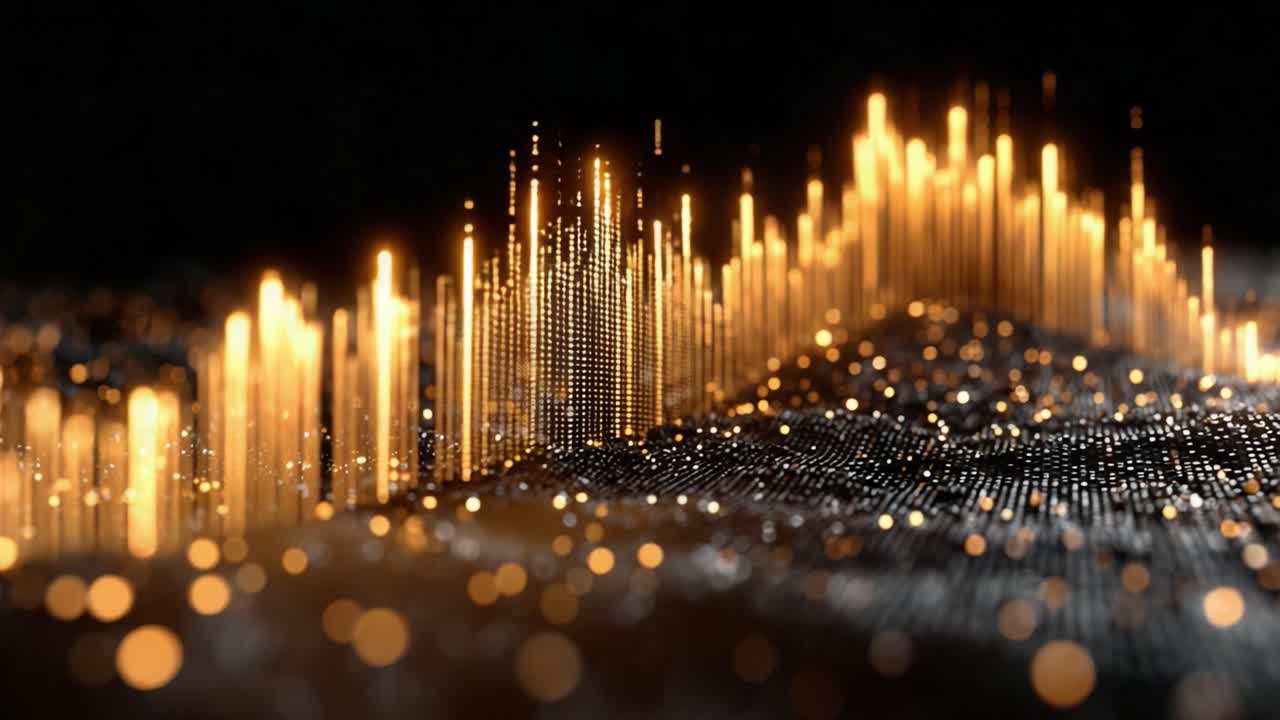 Golden glowing columns rise and fall like a digital equalizer across a dark undulating surface, visualizing sound, data or financial trends with shallow depth of field and bokeh