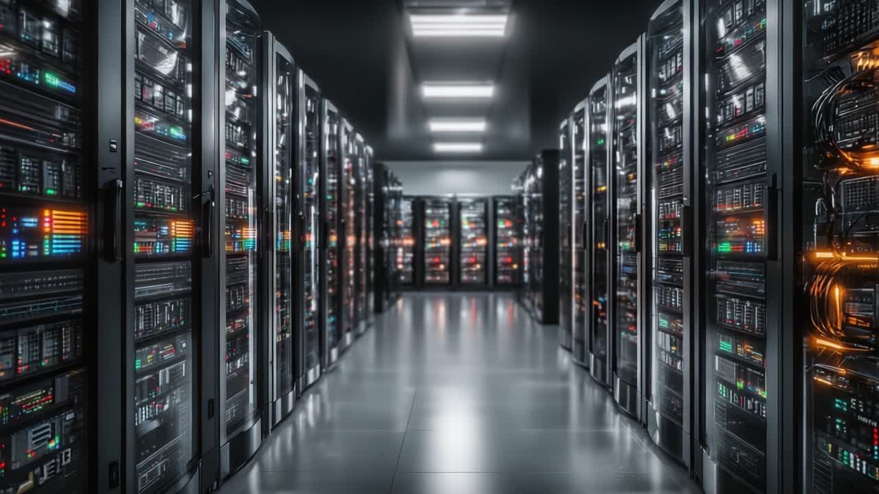 High-Tech Data Center with Rows of Servers Showcasing Advanced Technology Infrastructure for Computing and Storage, Illuminated by LED Indicators
