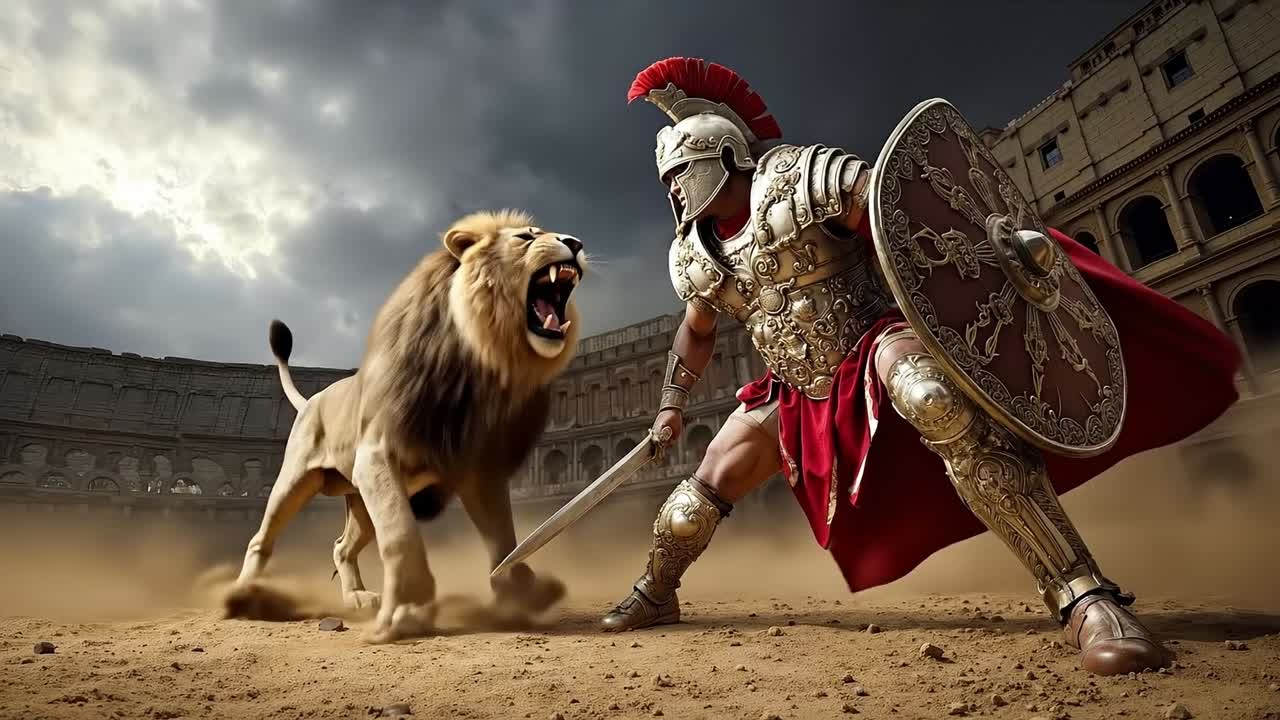A man in a roman armor with a sword and a lion in front of a building