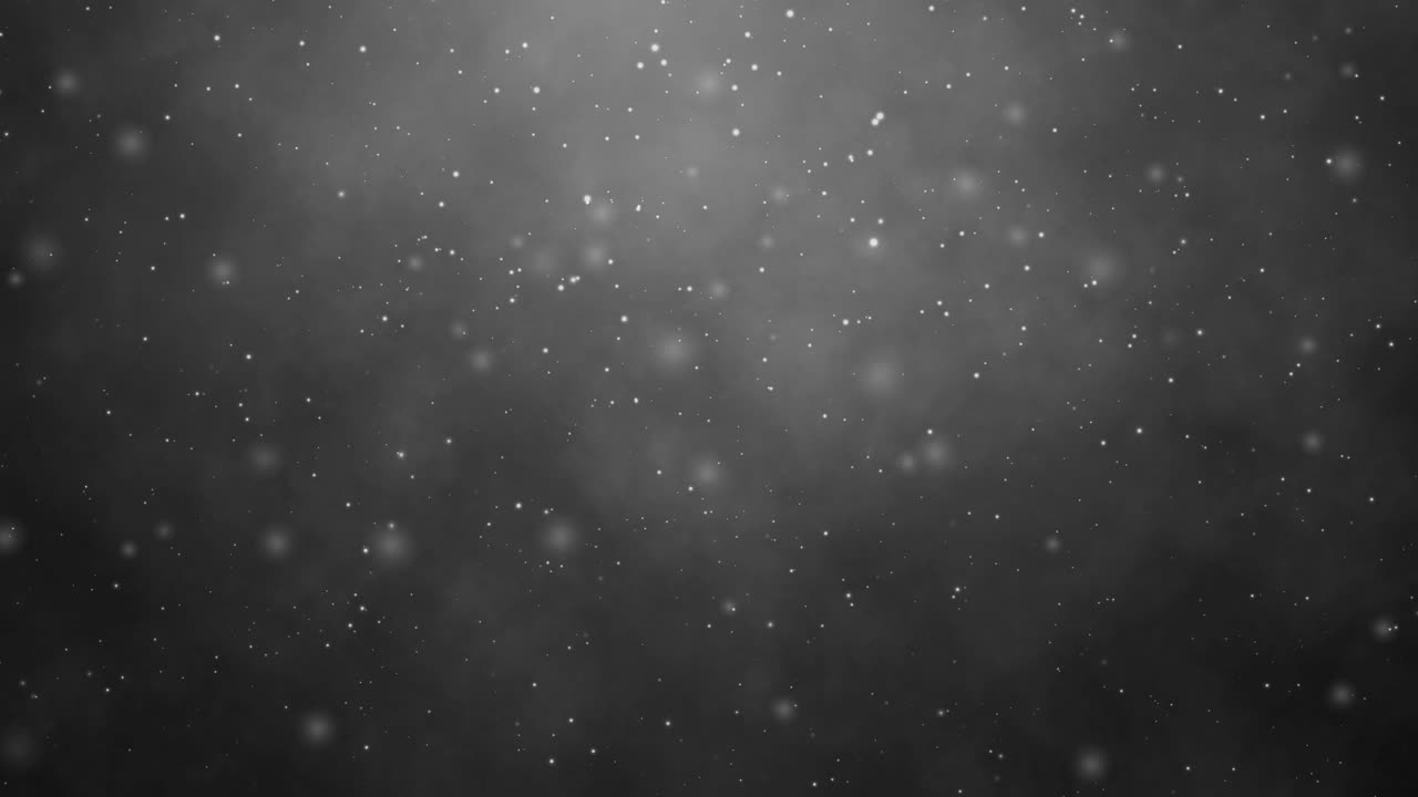 loopable animation of luminous white bokeh particles slowly floating and falling against dark gray smoke background with a subtle light source at the top