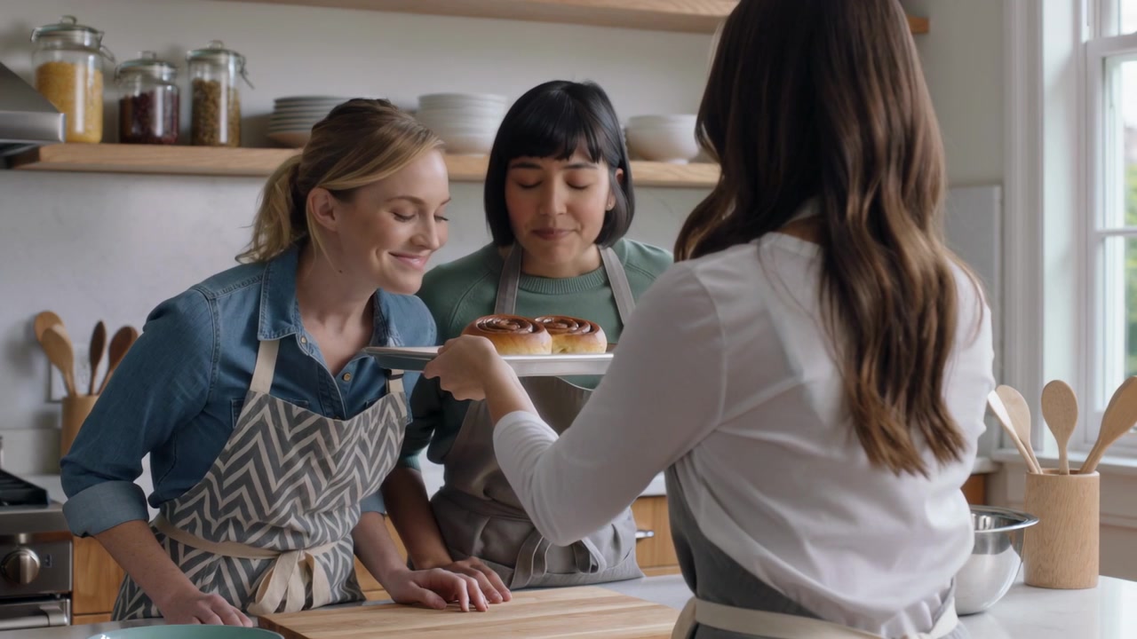 Donna bruna che offre un piatto in una cucina di casa, amici che indossano grembiuli inalando l'aroma dei panini