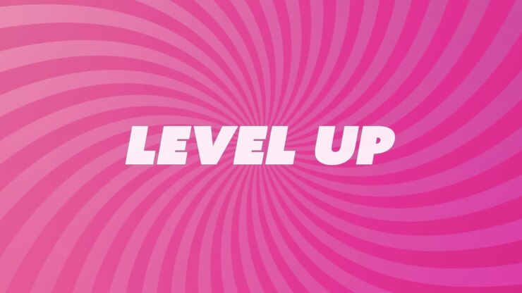 Animation of level up text on pink spinning stripes