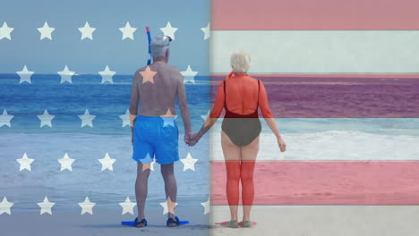 animación de la bandera de los ee.uu. sobre una pareja de ancianos caucásicos en la playa en verano