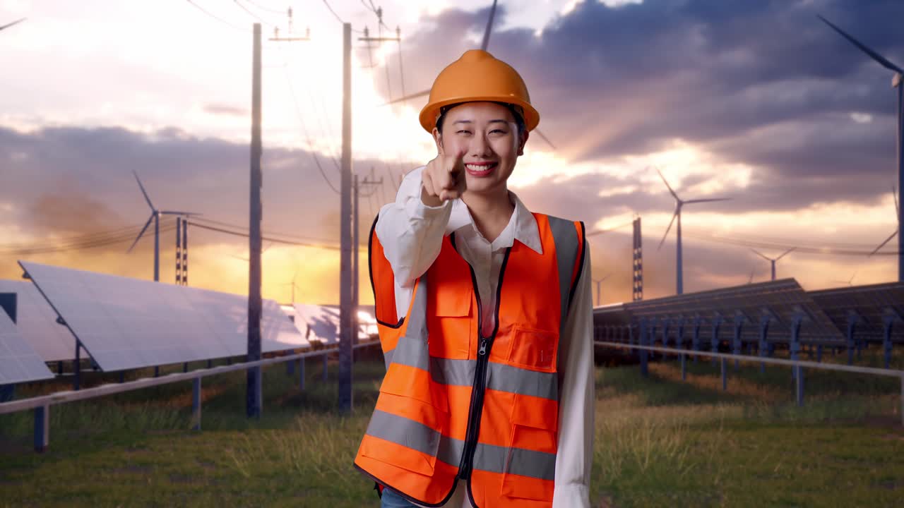 Asian Female Engineer With Safety Helmet Smiling And Touching Her Chest Then Pointing At You With Solar Panel and Wind Turbines