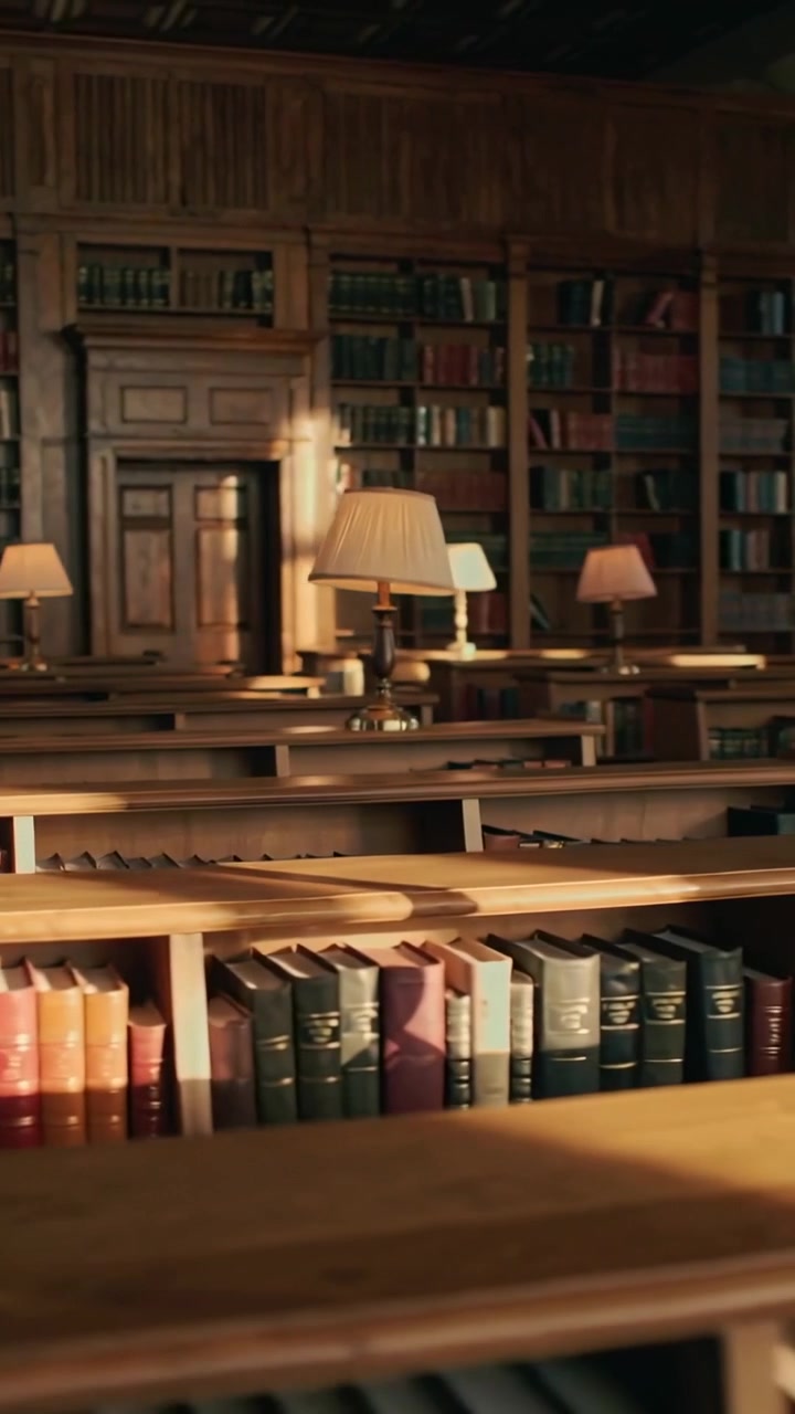 Vertical video: Moving camera forward at library, revealing central tables, highlighting brass lamp