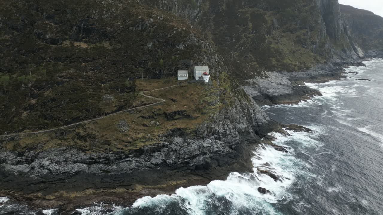 Still Aerial view of Hendanes Lighthouse in M&aring;l&oslash;y on a Moody Day
