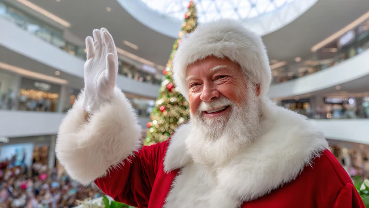 Joyful Santa Claus Spreading Holiday Cheer in a Festively Decorated Shopping Mall, Embracing the Spirit of Christmas with a Warm Smile and Friendly Wave