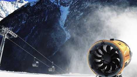 a snowmobile tears through the cloud of artificial snow being blasted from snowmaker